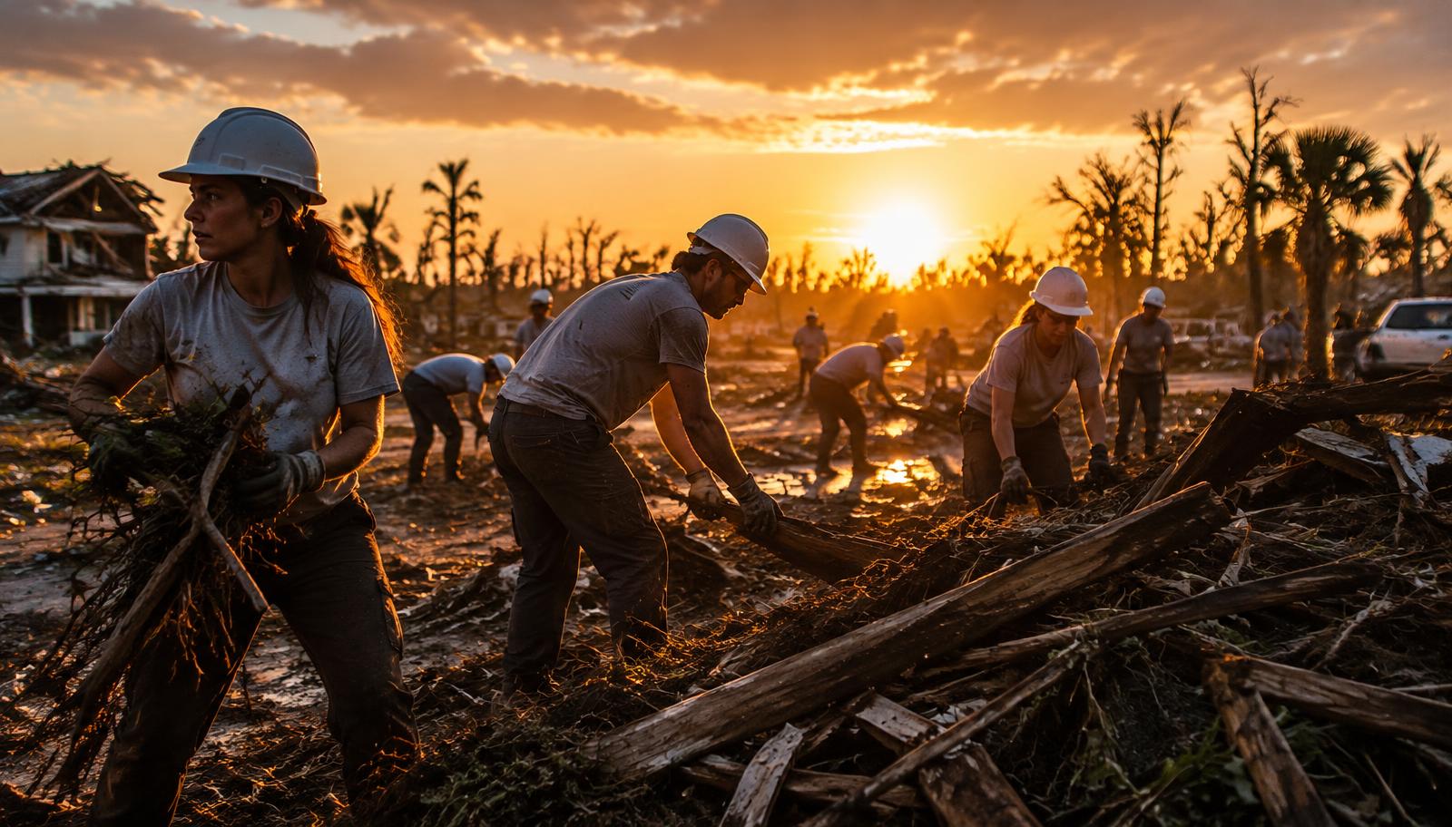 Greyshirt volunteers clearing storm debris at sunset
